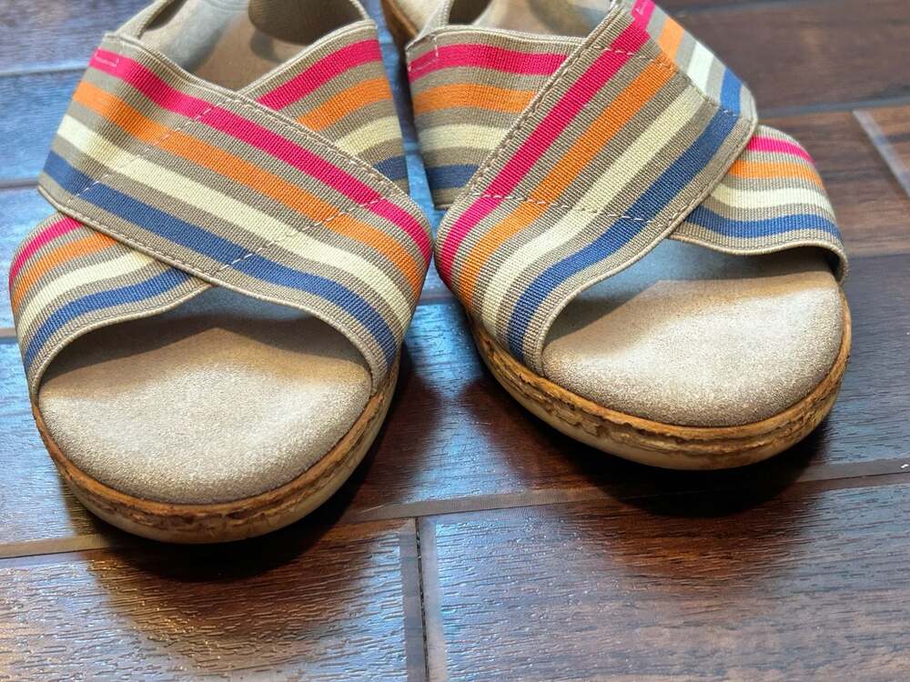 Charleston Shoe Co. Atlantic Stripe Elastic Cross-Strap Wedge Sandals Resort - Picture 13 of 15